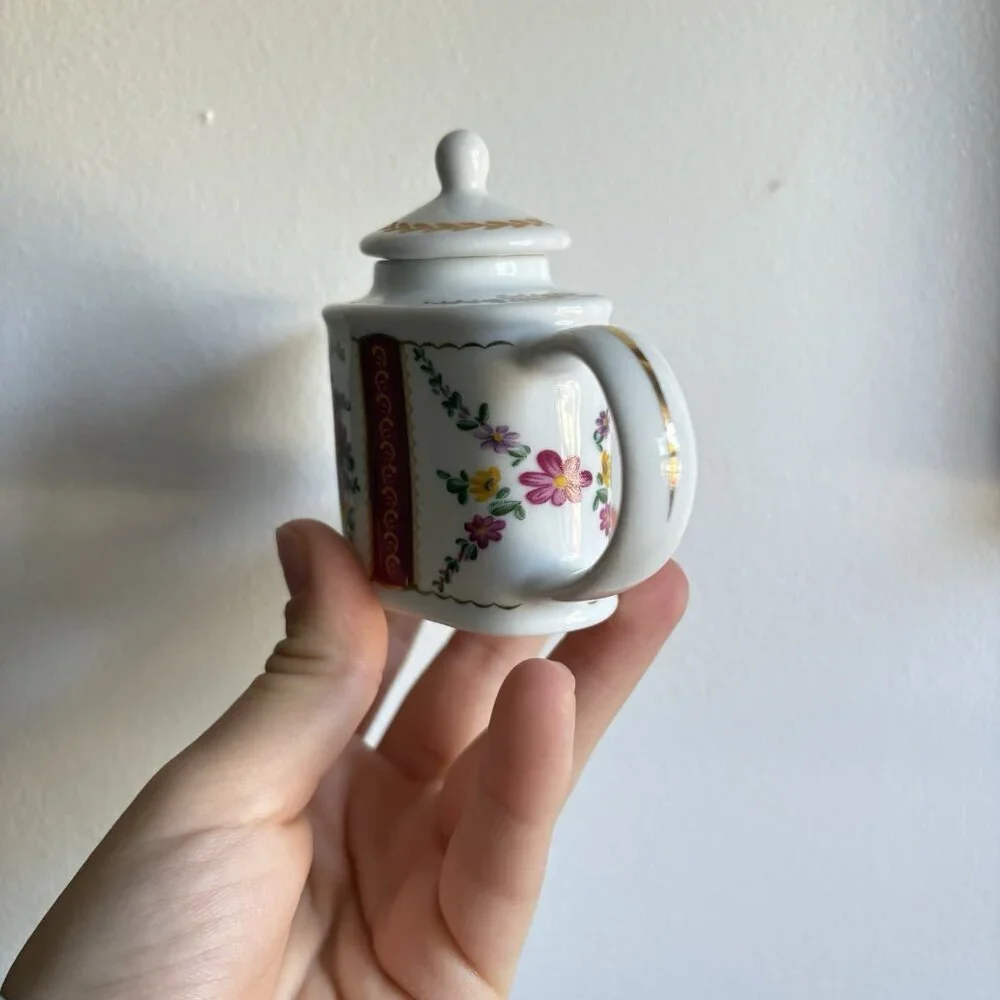 Vintage Bone‎ China Small White Pink Floral Tea Pot Gold Strips Doll